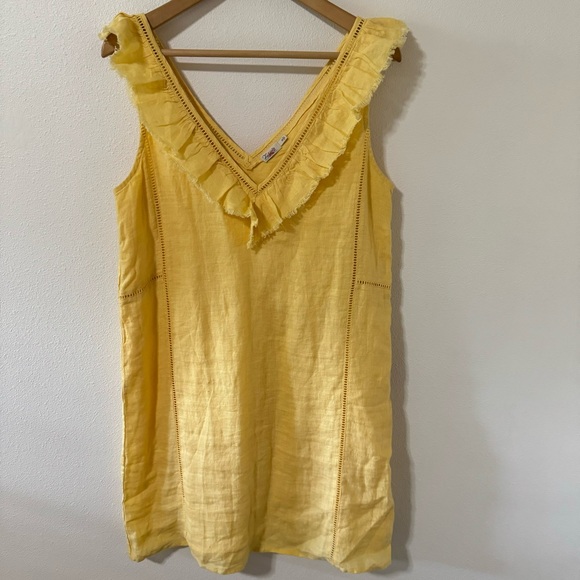 Faherty Ellis Linen Shift Dress Butter Yellow V Neck Lattice Lace Sleeveless-M - Picture 2 of 9
